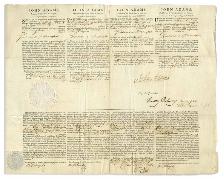 John Adams 4-Language Ship's Papers Signed as President During the French-American Naval Quasi-War
